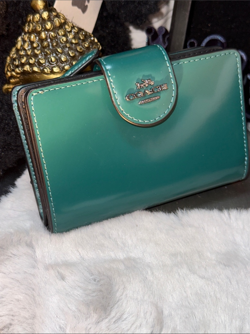 COACH Teal Corner Zip Compact Leather Snap Wallet - Picture 10 of 12